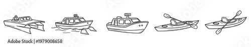 Collection of hand drawn outline illustrations depicting different water vessels like speedboats, motorboats, and kayaks suitable for leisure and travel themed projects.