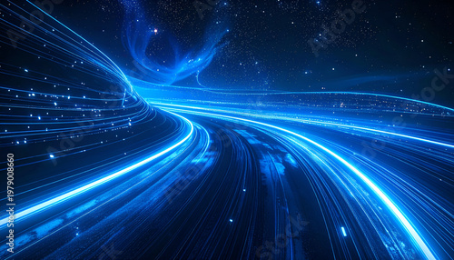 A mesmerizing abstract image showcases vibrant blue light trails swirling through a dark, star-filled expanse, creating a sense of dynamic movement and ethereal beauty.