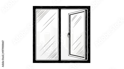 Doodle style window with one open pane revealing cityscape and clouds, perfect for architectural, urban, and environmental themes.