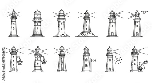 Set of hand drawn outline lighthouse icons for navigation, safety, and maritime themes. Ideal for coastal graphics, web, and app interfaces.