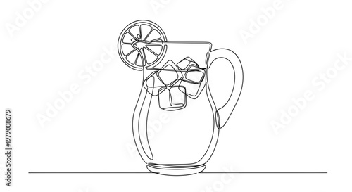 Elegant continuous line art of a refreshing iced drink pitcher with lemon. Ideal for modern beverage advertising, healthy lifestyle content, and minimalist kitchen accents.
