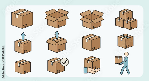 A comprehensive set of shipping and delivery icons featuring open, closed, stacked, and handled cardboard boxes, perfect for logistics and online store visuals.