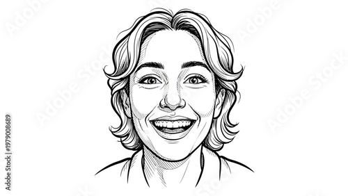 Expressive black and white line drawing of a smiling womans face, conveying joy and positive energy, ideal for diverse graphic applications and communication.