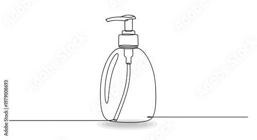 Simple oneline sketch of a pump bottle for liquid soap or hand sanitizer, emphasizing hygiene and daily care products for various applications.