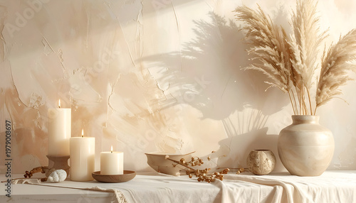 A serene still life composition featuring candles, pampas grass, and natural elements arranged on a textured surface, bathed in soft, diffused light.