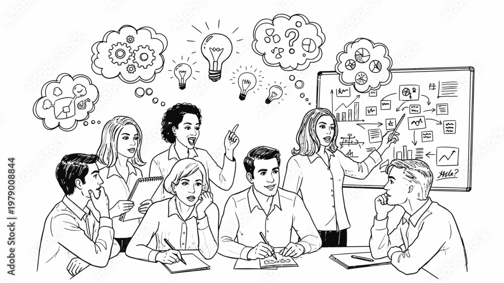 Obraz premium Dynamic black and white line drawing of diverse business people brainstorming, collaborating, and problemsolving in a meeting, ideal for illustrating teamwork and strategy.