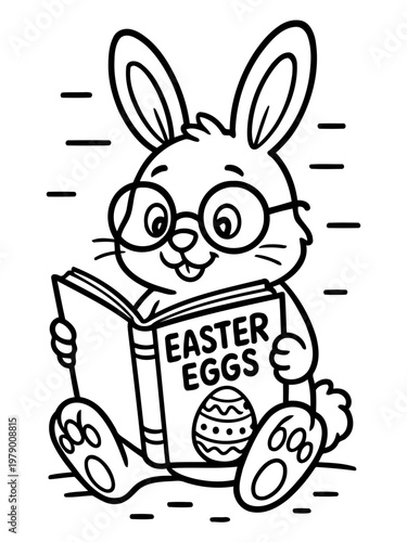 Smart Bunny's Easter Study: A charming cartoon bunny wearing spectacles is engrossed in a book about Easter eggs.