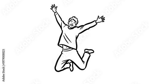 Energetic young man leaping in the air with arms raised, expressing excitement and happiness. Perfect for conveying success, victory, or pure enjoyment.