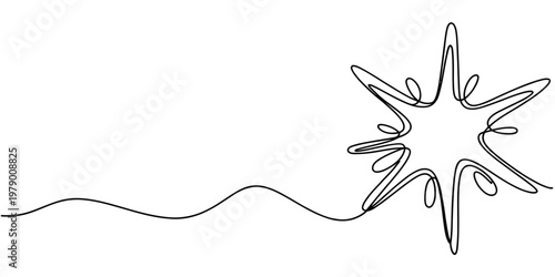 Dynamic continuous single line drawing creating an abstract starburst splash shape, perfect for modern graphic design elements and engaging decorative compositions with fluid motion.