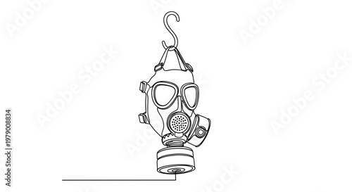 A single continuous line illustrates a gas mask hanging from an Shook. Perfect for conceptual designs, representing protection, environmental concerns, or emergency preparedness.