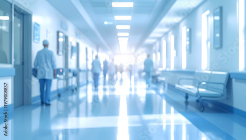 A blurred view of a bright, modern hospital hallway with medical professionals walking towards a brightly lit end, suggesting a bustling environment of care and healing.