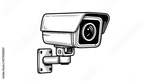 Detailed black and white line drawing of a security camera mounted on a wall. Ideal for concepts of safety, surveillance, protection, and crime prevention in various media.