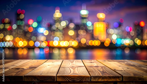 A warm wooden surface sits in the foreground, beautifully contrasted against a blurred, vibrant cityscape at dusk, creating a modern and inviting aesthetic.