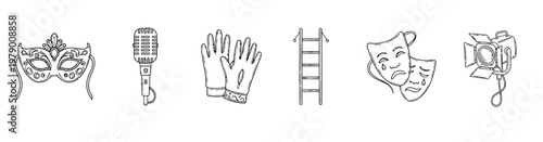 Line drawing collection of stage and performance essentials decorative mask, microphone, gloves, ladder, theatre masks, and spotlight. Ideal for creative projects.
