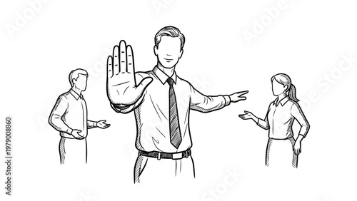 A male mediator separates two people, one man and one woman, with a stop gesture and a pointing hand, symbolizing conflict resolution and setting boundaries in communication.