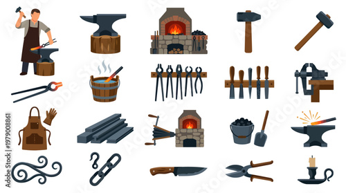 Blacksmithing Tools and Equipment Flat Illustration Set. Metalworking Craft Industry Icons
