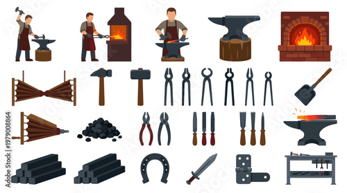 Flat Vector Illustration of Blacksmithing Workshop Tools and Metalworking Equipment Collection