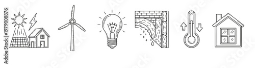 Hand drawn set of energy efficiency icons solar panels, wind turbine, light bulb, wall insulation, thermometer, and house. Ideal for ecofriendly home improvement and sustainable living concepts.