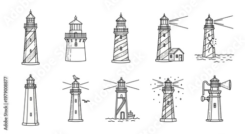 Hand drawn lighthouse icons showcasing various coastal warning towers and sea beacons, perfect for maritime themes, travel publications, and navigational concepts.