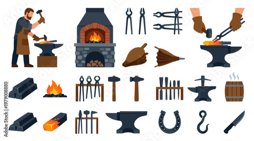 Blacksmithing Metalworking Craft Tools, Equipment  Process Flat Vector Icon Set