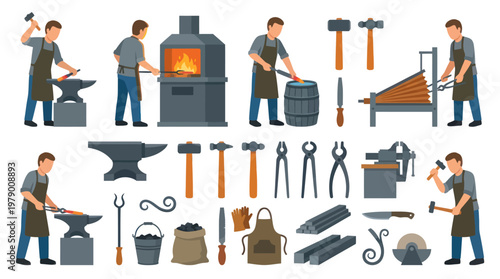 Blacksmith Metalworking Craft Flat Vector Tools and Worker Set
