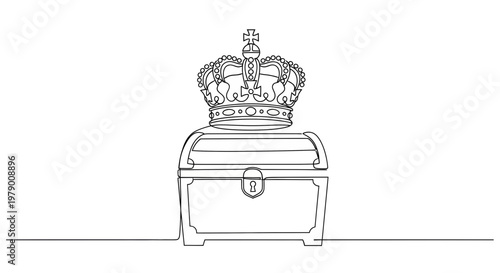 Elegant continuous line drawing featuring a regal crown perched on a secure treasure box, conveying concepts of prosperity and valuable assets.