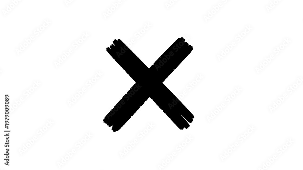 Fototapeta premium A distressed black X mark, representing rejection or cancellation, useful for user interfaces, error indicators, and graphic overlays in various digital and print media.