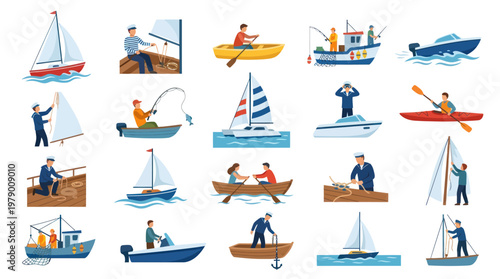 Nautical Boating and Sailing Flat Vector Illustration Set with People and Boats