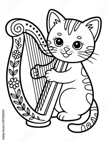 Cat and Harp: A charming cartoon cat serenades with a beautiful harp, emanating joy and musicality. The intricate design and whimsical character make it ideal for creative projects.