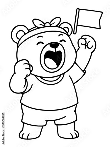 Bear Cheering with Flag: A cheerful bear, full of energy and spirit, cheers passionately while proudly waving a flag, a symbol of exuberance and solidarity. 