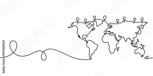 Minimalist continuous line world map with location pins symbolizing global travel, business connections, and international networks, perfect for travel industry or communication media.