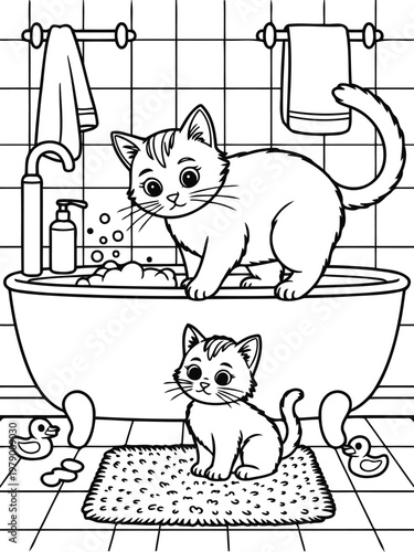 Cats' Bathtime Bliss: Charming illustration depicts a cat's bath with bubbles and toys. Playful Kittens, playful time, bathing fun.