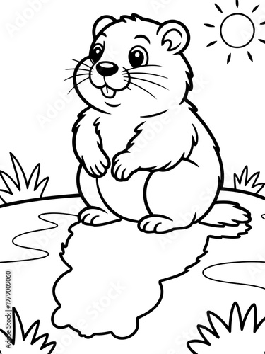 Groundhog's Day Dream: A charming groundhog stands, looking up at the bright sun, a cheerful image filled with anticipation, surrounded by the promise of spring.