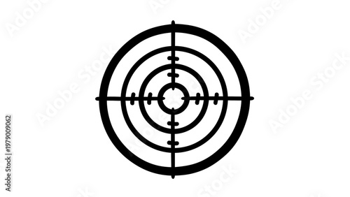 Black and white target symbol featuring concentric circles and crosshairs for precision. Excellent for indicating goals, accuracy, or aiming in various visual projects.