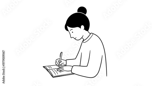 Monochromatic outline drawing depicting a person actively writing in a book, emphasizing concentration and learning in a minimalist style.