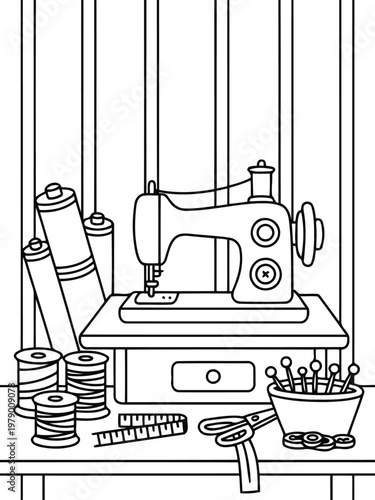 Sewing Scene: A detailed illustration of a sewing scene, showcasing a classic sewing machine alongside essential tools like thread spools, scissors, and a measuring tape.