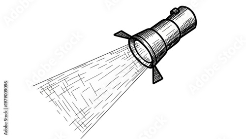 Stylized handdrawn spotlight emitting a powerful light beam, ideal for conveying focus, illumination, or dramatic effect in various media projects.