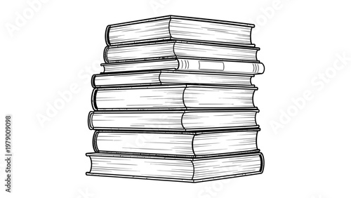 Black and white outline drawing of a stack of books, representing knowledge, education, and study, ideal for academic or literary projects.