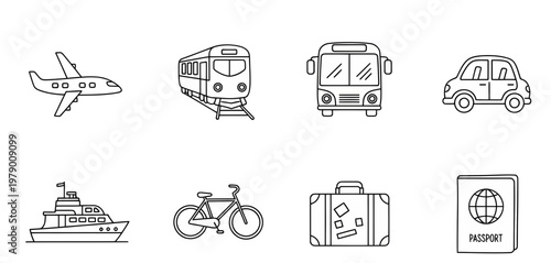 Outline icons depicting various travel modes and essential vacation items like an airplane, train, bus, car, boat, bicycle, suitcase, and passport. Perfect for travelrelated designs and applications.