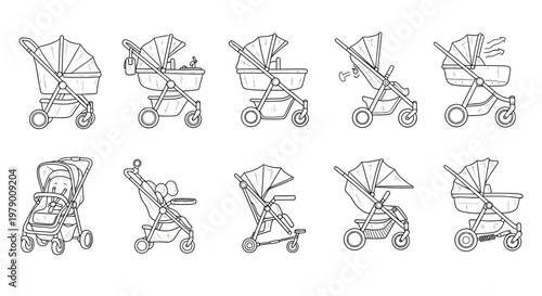 Set of various baby strollers and prams in outline style, ideal for illustrating childcare products, infancy equipment, and parenting concepts.
