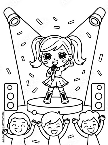 Stage Star: A captivating illustration of a singer, radiating confidence and charm, captivating her audience with a song as confetti rains down in celebration.