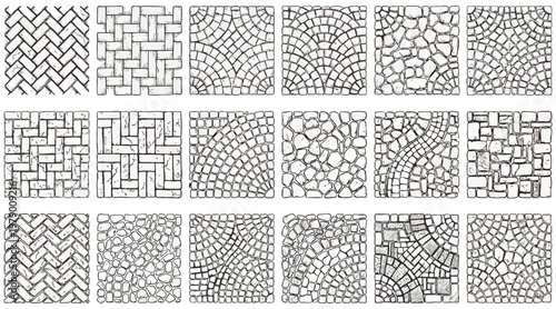 Detailed collection of hand drawn vector graphic stone pavement patterns showcasing various artistic brick textures for architectural landscape design projects