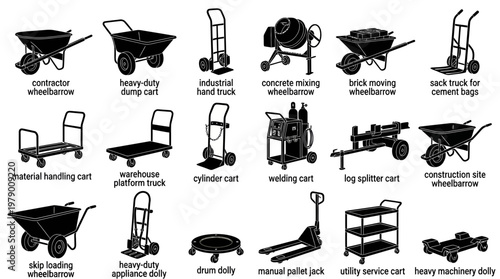 Diverse black silhouette icons of material handling equipment such as wheelbarrows, carts, and dollies, ideal for industrial, construction, and warehouse related projects.