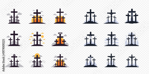 Set of Christian cross icons with three crosses on a hill, representing Calvary and Easter.