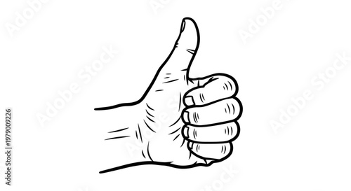 Black and white line art depicting a hand making a thumbsup gesture, symbolizing agreement, success, and positive feedback for diverse media.