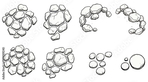 Hand drawn collection of scattered river rocks presented as a flat vector graphic illustration for various nature design projects