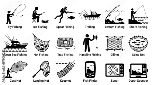 Set of black and white icons depicting various fishing techniques such as fly, ice, spear, net, and trap fishing, plus tools like fish finder and sonar for educational and recreational content.