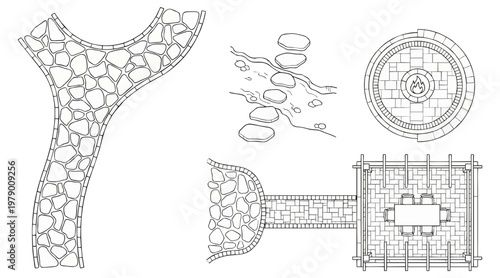Hand drawn vector illustration collection showing landscape architecture design elements like stone pathways fire pits and a wooden patio pergola