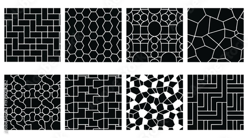 Set of eight black and white vector patterns featuring geometric shapes and abstract tiling designs for modern graphic art backgrounds
