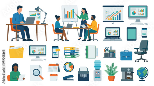 Flat Business Office Vector Illustration: Corporate Elements, Workspace, and Working People